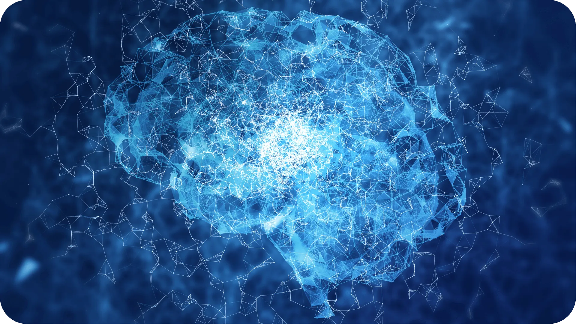 A blue patterned image with lines and dots connecting to form an image of a brain.