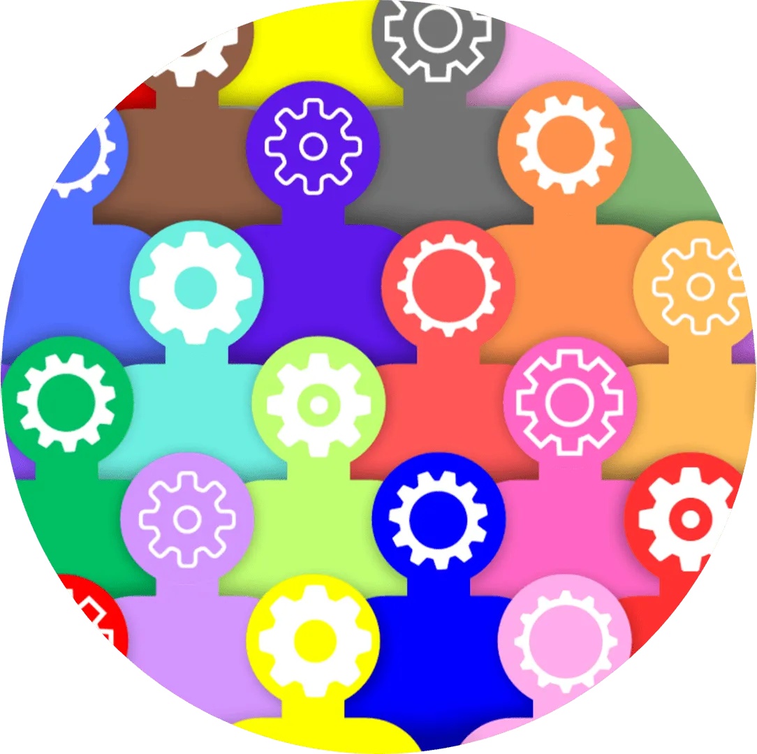 A circle containing a crowd of stick figure people, in a variety of colours, with different shaped cogs on their faces to signify cognitive diversity
