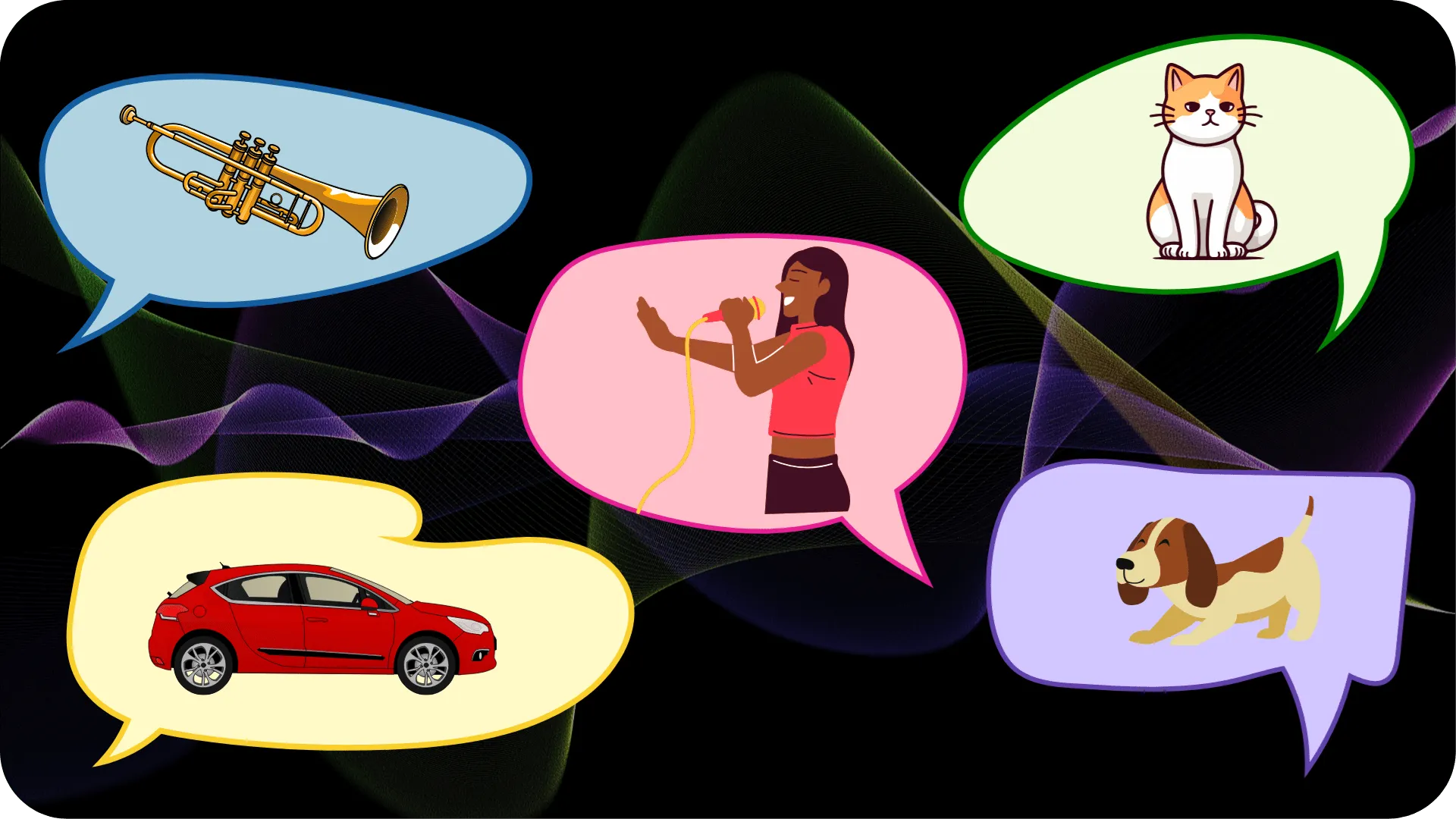 Different coloured speech bubbles with different things that make sound, including a woman singing, a cat, a dog, a trumpet and a car on a subtle dark background showing sound waves.